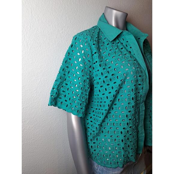 Worthington Collection Abstract Floral Lace Top Aqua Green Blouse - Picture 3 of 6